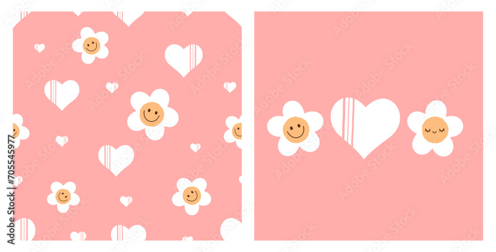 Seamless pattern with daisy cartoons and white hearts on pink background. Daisy cartoons and heart icon sign on pink background vector illustration.
