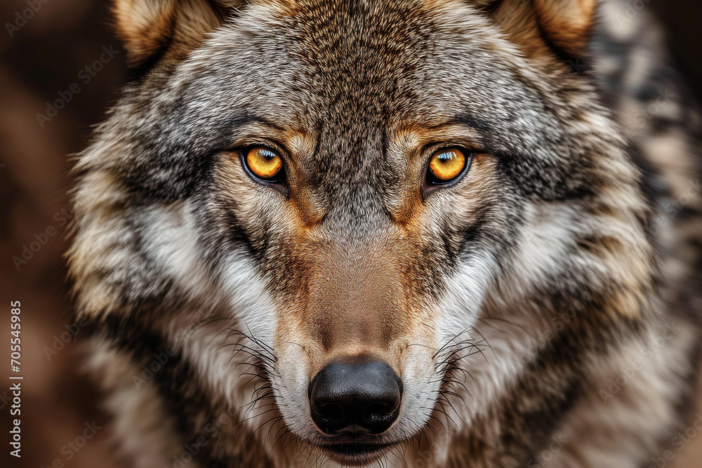 A close-up portrait of a wolf with sharp amber eyes and a mix of brown and grey fur, intense gaze. A close-up portrait of a wolf with sharp amber eyes and a mix of brown and grey fur, intense gaze.