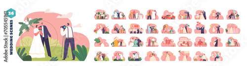 Isolated Elements with Characters Prepare for Wedding Ceremony. Newlyweds Fitting Garments, Posing for Photographe