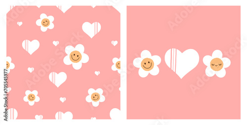 Seamless pattern with daisy cartoons and white hearts on pink background. Daisy cartoons and heart icon sign on pink background vector illustration.