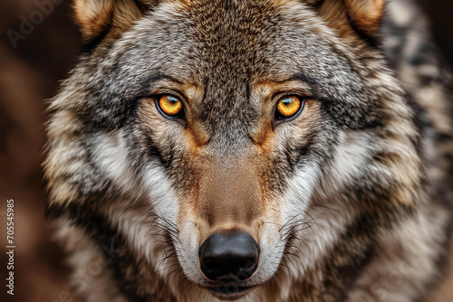 A close-up portrait of a wolf with sharp amber eyes and a mix of brown and grey fur, intense gaze.