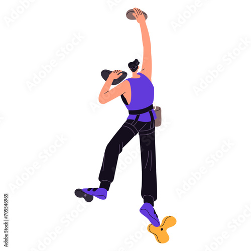 Man climbing on bouldering wall. Climber grips up on artificial mountain. Guy with belaying, safety equipment training to upward to top of rock. Flat isolated vector illustration on white background