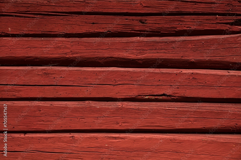 Fototapeta premium Weathered red painted traditional log wall.