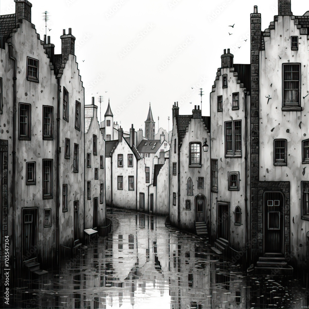 Black and white drawing of a street with small houses
Black and white drawing of a street with small houses