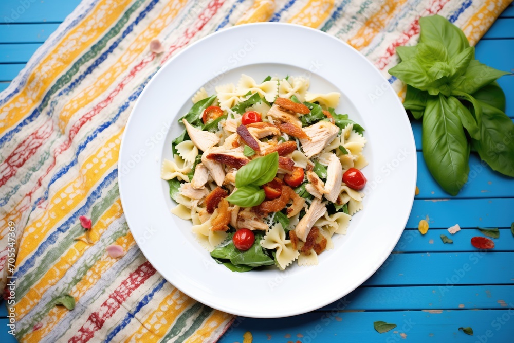 pasta salad with grilled chicken and sun-dried tomatoes, on green mat