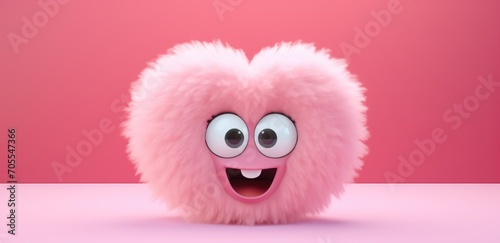 cute fuzzy furry heart on a monochrome background with emotion. Cartoon Heart with big realistic eyes. Pink shades