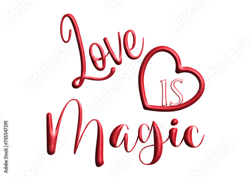 Love is Magic with hearts - ideal lettering for Valentine's Day, love messages, wedding, party vector graphics, red color