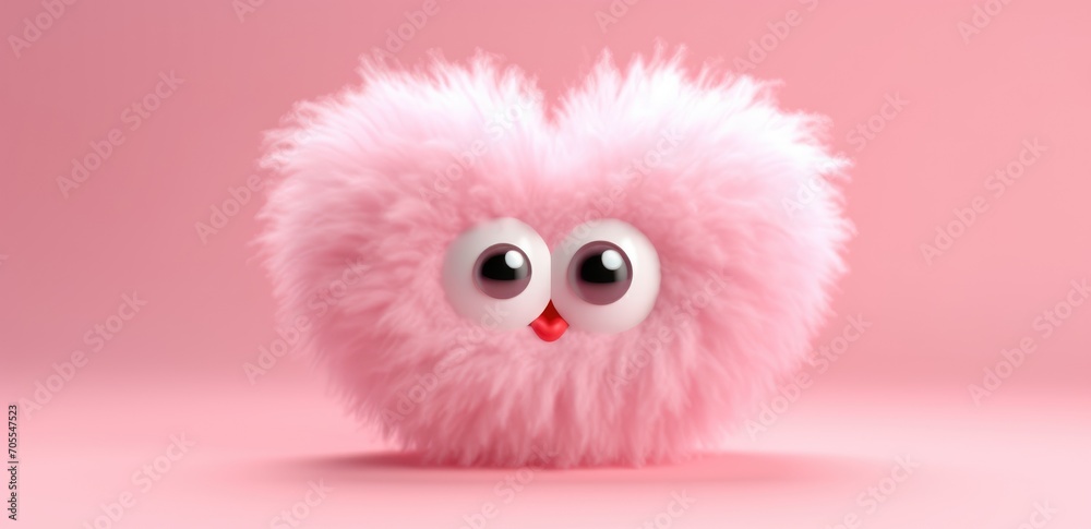 Fototapeta premium cute fuzzy furry heart on a monochrome background with emotion. Cartoon Heart with big realistic eyes. Pink shades
