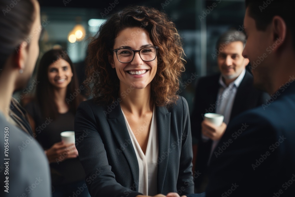 A smiling middle aged businesswoman manager shaking hands in an office meeting, hiring image for job postings A smiling middle aged businesswoman manager shaking hands in an office meeting, hiring image for job postings
