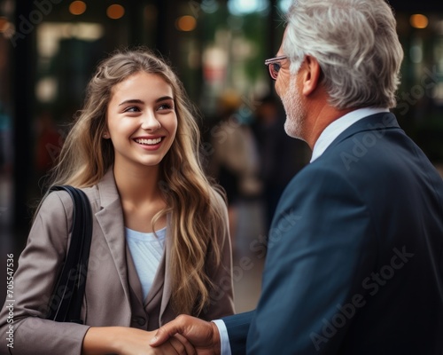 A confident young woman meets job candidate, professional job interview attire image