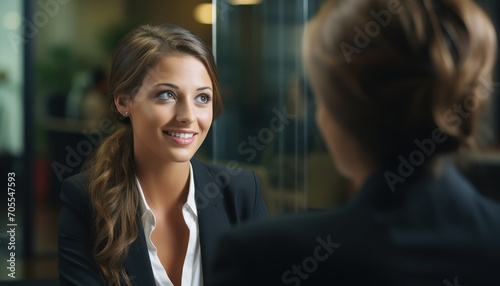 Young businesswoman interviews job applicant in office  professional job interview attire image