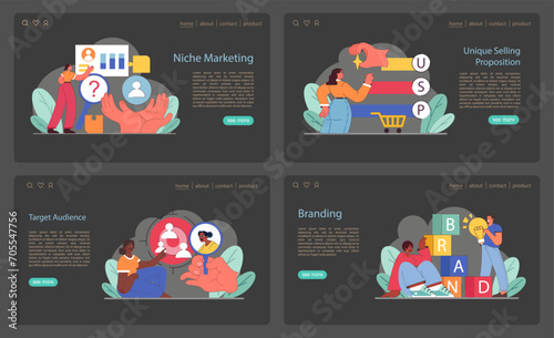 Digital marketing strategy set displayed on a website interface. Illustrates niche marketing, unique selling propositions, target audience analysis, and brand development. Flat vector illustration.