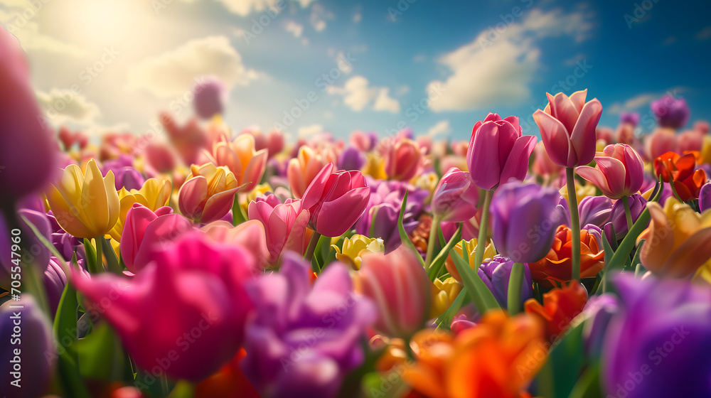 a sea of towering tulips. The tulips are oversized, creating a magical, Alice-in-Wonderland-like environment, with colors ranging from deep velvety purples to radiant pinks and sunny yellows