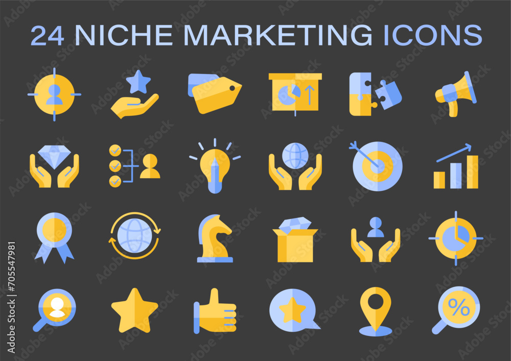 Fototapeta premium Niche Marketing set. Tailored strategy symbols for targeted audience engagement. Efficient customer outreach, specialized market segmentation. Flat vector illustration.