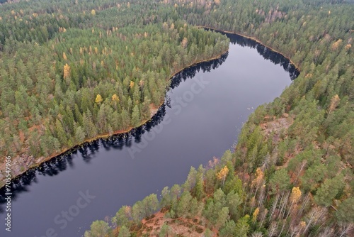 Aerial landscape view of lake Väärä-Musta at Vaakkoi Recreation Area in autumn, Espoo, Finland. photo