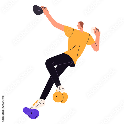 Sportsman climbing on artificial rock in gym. Climber upwards on bouldering wall. Man grips up, holds on stones on height, moves to the top. Extreme sport. Flat isolated vector illustration on white