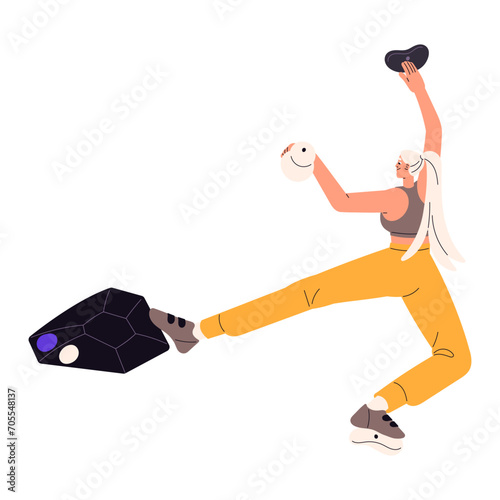 Woman climbing on bouldering wall. Climber upwards on rock in artificial mountain park. Athlete holds on, grips on, grabs on stones on height. Extreme sport. Flat isolated vector illustration on white