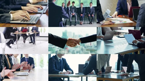 Collage of various business scene scenes. Expansion, Reduction transition from handshaking scene. photo