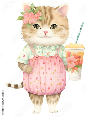Cutecat with a cup of tea,watercolor illustration isolated photo