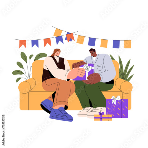 Happy people celebrate birthday together. Couple exchanges christmas gifts. Girl gives present to friend. Home decorated by party flags for festive event. Flat isolated vector illustration on white
