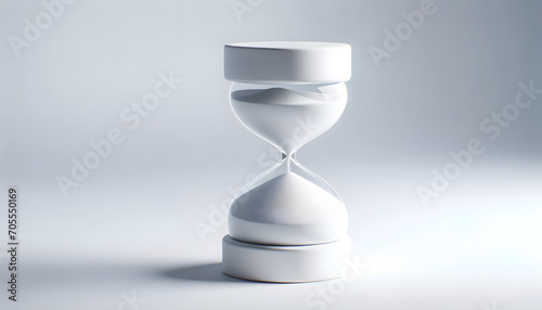 All white sand clock or hourglass in 3d render style in the middle of image, time concept.