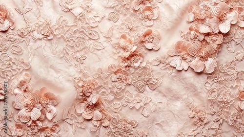 Abstract background with openwork lacy fabric texture, decorated with flowers photo