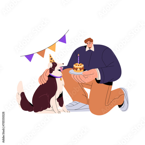 Happy man and pet celebrate doggy birthday. Dog in party hat maks wishes. Owner congratulates furry friend by holiday cake with festive candle. Flat isolated vector illustration on white background