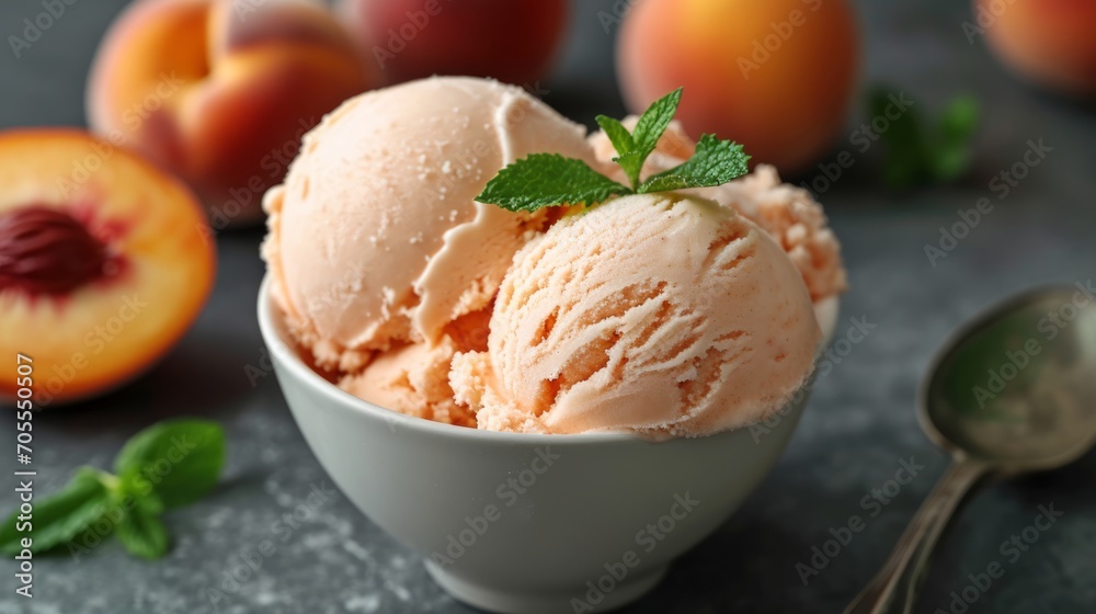 Peach ice-cream in a bowl with mint Peach ice-cream in a bowl with mint