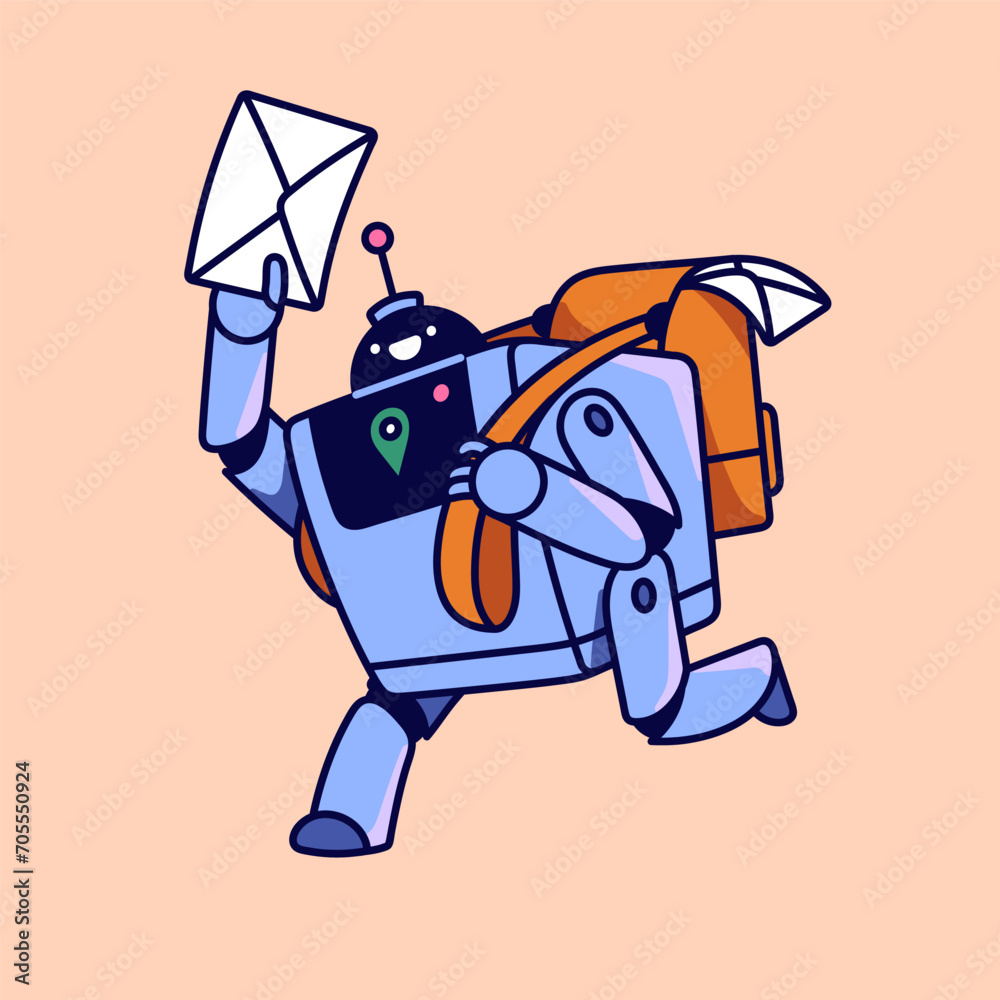 Fototapeta premium Digital delivery service. Communication by email. Robot postman, machine courier running, hold letter in hand. Messenger bot with backpack of mails, correspondence. Flat isolated vector illustration