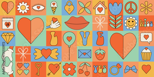 Groovy happy Valentine's day geometric seamless pattern. Simple love shapes and icons in flat minimalist 70s style. Modern bauhaus retro vector ornament for print, banner, card, fabric, cover