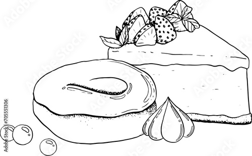 Strawberry cheesecake dessert with glazed donut and candies vector black and white illustration. Delicious food clipart for cafe or bakery menu