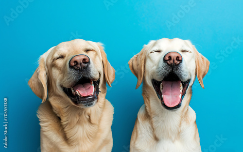 Happy smiling pet dog looking at the camera isolated with blue background, dog sticking out tongue on flat background
