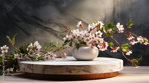 Podium for product presentation with cherry blossom on dark background. Beautiful spring background, selective focus