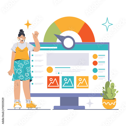 Website optimization concept. Monitoring and enhancing site speed. User-friendly interface with optimal functionality. Flat vector illustration.