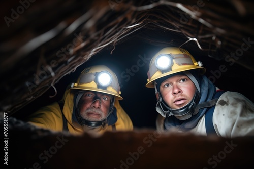 two explorers navigating with headlamps in a tight crawl space