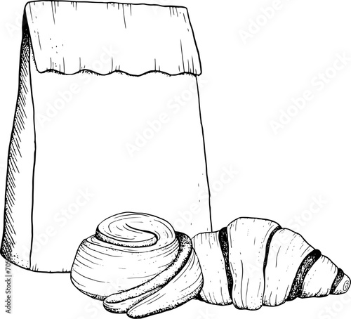 Vector chocolate croissant, cinnamon roll bun and paper craft bag black and white illustration sketch for breakfast and coffee break in bakery designs