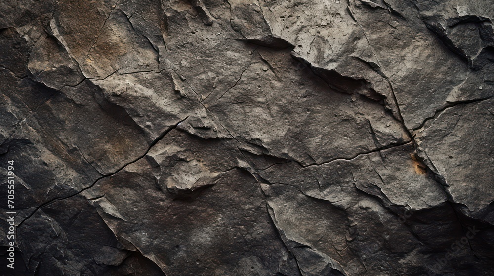 Textured stone background created by a dark brown, rough mountain surface with prominent cracks. Substantial space available for design.
