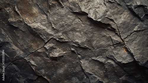 Textured stone background created by a dark brown, rough mountain surface with prominent cracks. Substantial space available for design.
 photo