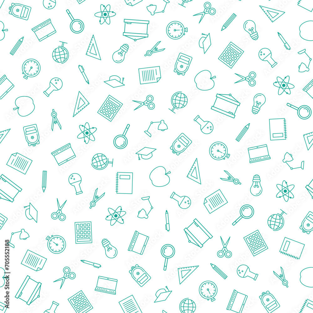 Seamless pattern with green school supplies