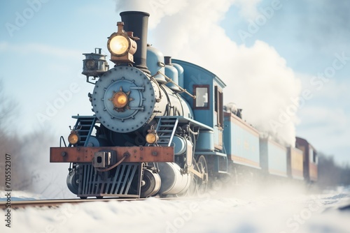 steam train with puffs of smoke in the cold air