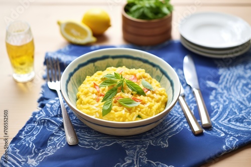 risotto milanese in a ceramic bowl with a fork and napkin to side