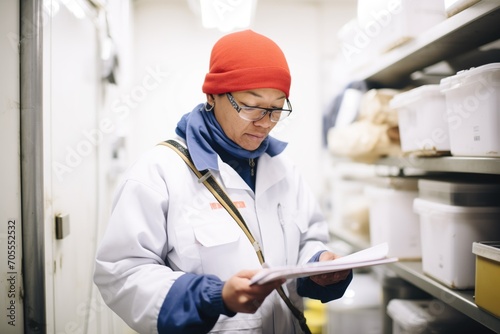 person in cold gear checking inventory list on a clipboard in a freezer room