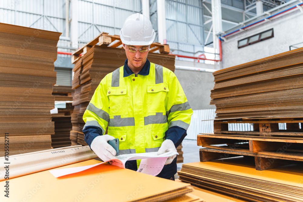 Professional worker in safety uniform hard hat, supervisor inspector packaging stock order at factory warehouse, piles of stacking paper manufacture, recycling production industry. Professional worker in safety uniform hard hat, supervisor inspector packaging stock order at factory warehouse, piles of stacking paper manufacture, recycling production industry.