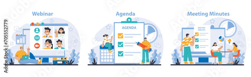 Business meeting set. Interactive webinar engagement, detailed agenda planning, and concise meeting minutes documentation. Seamless corporate coordination. Flat vector illustration.