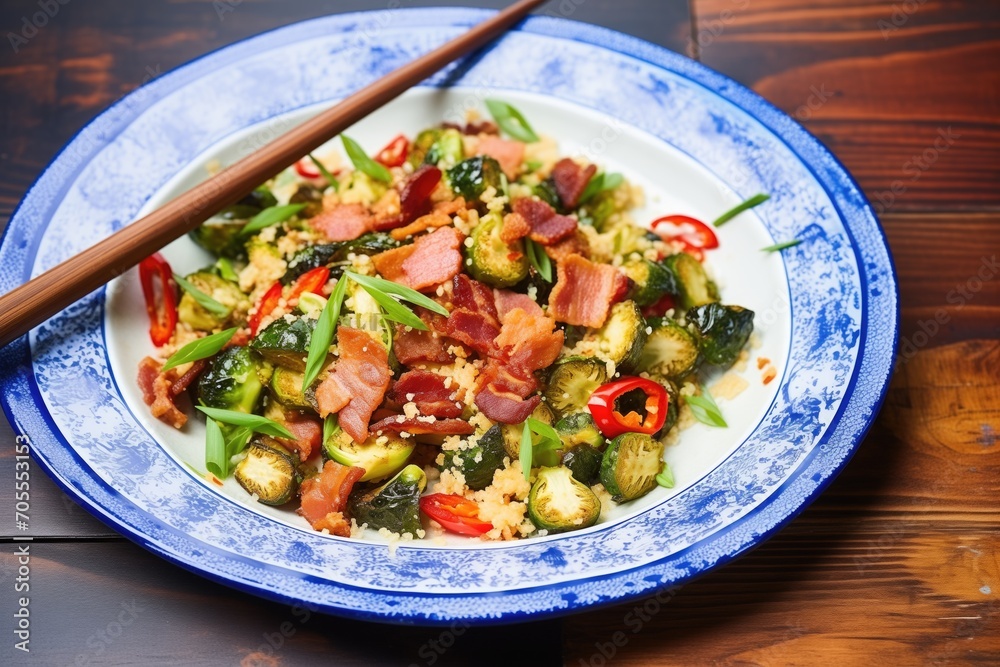 oven-crisped brussels and bacon bits on a blue-rimmed plate