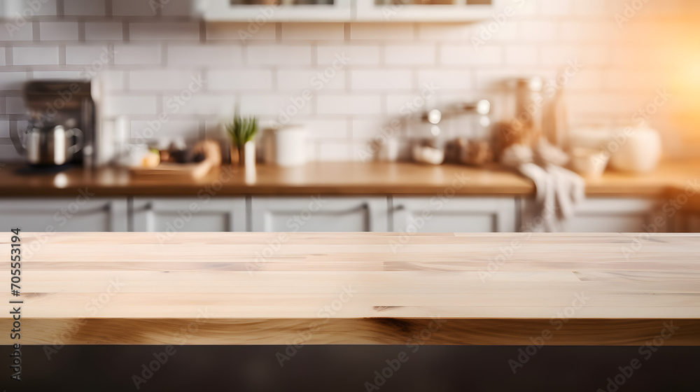 Empty beautiful wood table top counter and blur bokeh modern kitchen interior background in clean and bright,Banner, Ready for product montage. Generative AI illustration 