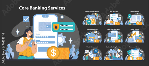 Core Banking Service night or dark mode set. Comprehensive financial solutions from account opening to retirement planning. Personal and business banking essentials. Flat vector illustration.