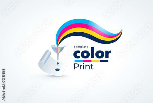 Cmyk Color Print Logo Polygraphy theme. Ink stripes lines and watering can. Template design vector. White background.