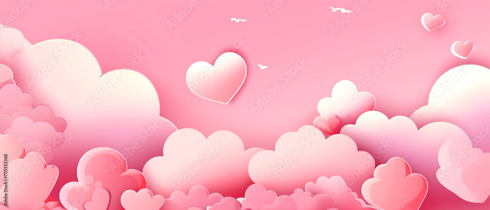 Holiday card for Valentine's Day with pink hearts and clouds - copy space for text