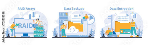 Data Storage essentials set. RAID technology, secure backup solutions, and encryption processes. Safeguarding digital data with modern techniques. Flat vector illustration.